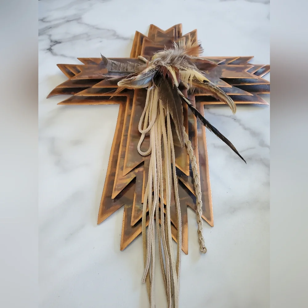 Metal Cross with Feathers Wall Hanging
